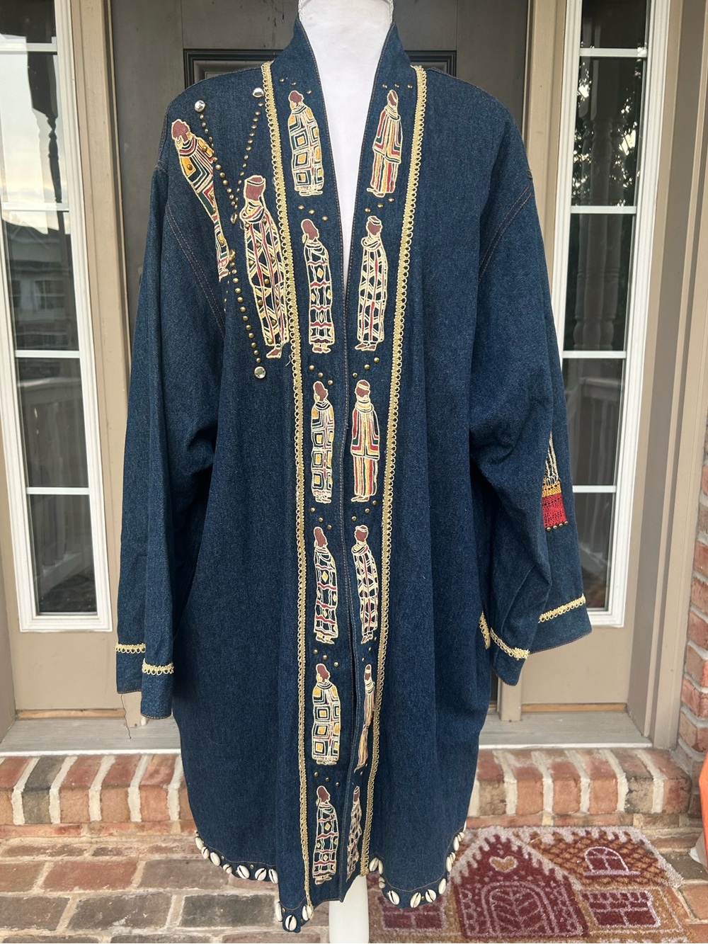 Vintage 90s Molato Denim Long Duster Coat African Tribal Cowrie Shells XL